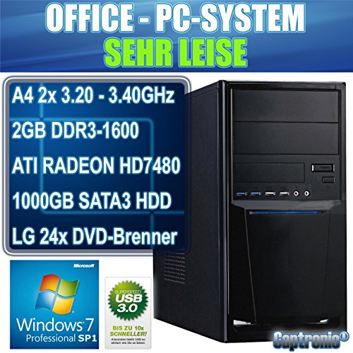 Captronic® (A4-4020-2GB-HD7480D-1TB-Win7Pro) Windows 7 Professional 64bit | DualCore Silent Office PC Front USB 3.0 AMD A4-4020 2x 3,20GHz (Turbo bis 3400MHz) | KINGSTON 2GB DDR3-1600 | 24x DVD-Brenner | 1000GB HDD SATA3 | ATI Radeon HD 7480 2GB HDMI/DVI/VGA | CardReader | 7.1 Sound | GigabitLAN | Design Gehäuse Schwarz - 2