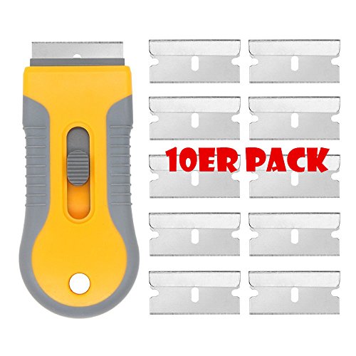 Preisvergleich Produktbild Premium Ceranfeldschaber mit extra Schutzfunktion + 10 Klingenverbesserte Schutzfunktion zur sicheren schnellen Reinigung von Cerankochfeld, Induktionskochfeld Schaber / Glasschaber / Kochfeldschaber