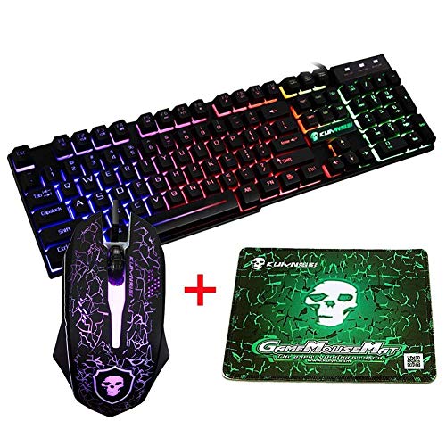 UrChoiceLtd T6 Rainbow retroiluminado USB Gaming Teclado + Rainbow Multimedia óptico de 2400dpi 6 Botones LED USB ratón para juegos + el Lich King Gaming Mouse Pad 220 * 180 * 5 mm Tamaño estándar