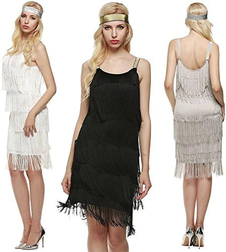 xuying Women Ladies Straps Dress Tassels Glam Party Dress Costume Dress Fringe Flapper (Grey, Small)