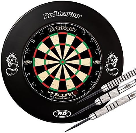 Red Dragon Hi-Score 2 Dartboard, Printed Surround & Swingfire 1-24g darts- Combo Set Black