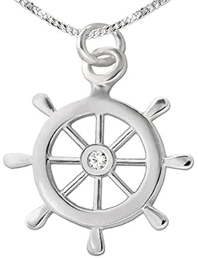 CLEVER SCHMUCK-SET Silberner Anhänger Steuerrad Schiff Ø 15 mm mit Zirkonia weiß mittig glänzend und Kette Panzer...