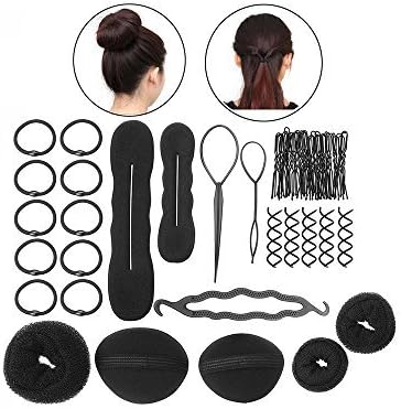 WasonD Magic Hair Styling Accessories 8 Kinds of Hair Style Tools Set - Hair Braider Clip Pads Foam Sponge Bun Donut Kit for DIY (Black 8pcs)
