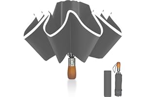 Pioggistar Wiatroszczelny składany parasol, automatyczny parasol wsteczny, parasol przeciwdeszczowy 10 wzmocnionych żeber dla mężczyzn i kobiet, drewniany uchwyt, średnica 105 cm