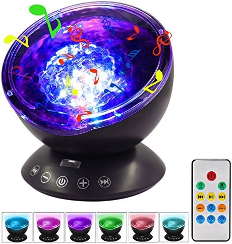 Ocean Wave Projector Night Light Lamp with Built-in Music Player and Remote Control 7 Colorful Light Modes for Kids Bedroom Living Room Decoration Travel Field Christmas Gift (Black)
