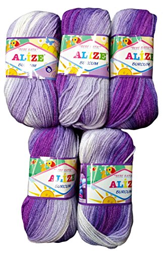 5 x 100 Gramm Alize Strickgarn Bebe Batik lila flieder weiß Nr. 2167, 500 Gramm Wolle