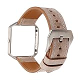 Gimartuk Echtes Lederband für Armbanduhr, Armband mit Blumenmuster, Armband Für Fitbit Blaze mit Stahlrahmen, damen, khaki, Small / Large