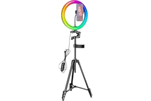 Neewer 10” Luce Anulare RGB con Treppiede & 2 Supporti Clip per Smartphone, Luce Dimmerabile da Selfie con Telecomando, 16 Colori & 4 Modalità Flash per Truccatura Streaming in Diretta YouTube TikTok