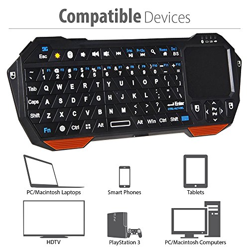 Fosmon Mini drahtlose Bluetooth-Tastatur mit Touchpad, Portable Leichtbau mini drahtloser keyboard Controller für Apple iPhone 7/6s/6s Plus/SE/5S, Samsung Galaxy S7/S7 Edge Android / Windows Smartphones, Tablette, PS3 / PS4, Laptop, Notebook und andere (Schwarz / Orange) - 4