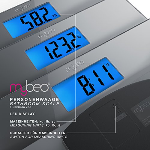 MyBeo – Digitale Personenwaage / Körperwaage | im Slim Design | max. 150kg | 4x DMS Mess-Sensoren | Kg, lb, st Einheit wählbar | 3,5″ (8,9cm) LED-Display - 5