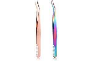 LUTER 2pcs Lash Tweezers, Stainless Steel Lash Extension Tweezers with Comb 2 in 1 Eyelash Tweezers for Extension Applicator Tool for Cluster Lashes Tweezers for Individual Lash (2 Colors)