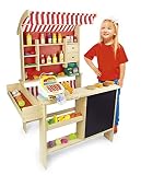 Kaufladen aus Holz inklusive Kaufladenzubehör und Registrierkasse, Supermarkt aus Holz, Verkaufsstand mit Verkaufsregal, Frontablage und Tafel und Zubehör, Marktstand - 4