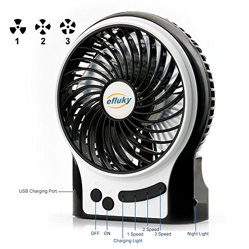 efluky 4.5 Zoll Mini USB aufladbare Fan 3 Geschwindigkeiten mit LED-Licht Beweglicher Tischventilator Kühlventilator Tischventilator -Laptop-Fan für Heim und Büro, Innen- und Außenbereich (schwarz) - 3