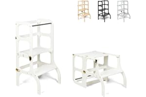 ‎ETTE TETE Ette Tete STEP'n'SIT® • Wandelbare Montessori Lernturm + Tisch, 2 in 1 (Weiß, mit goldenen Verschlüssen)