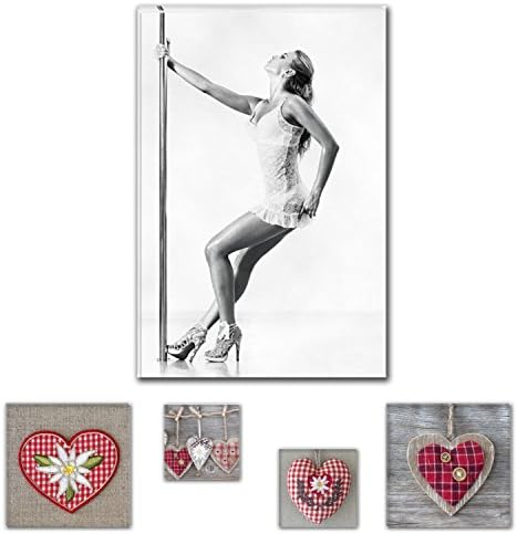 Eco Light Wall Art Canvas Bundle Charming Sexy Lady Dancing on The Bar 31.5 X 47.2 inch for Living Room or Bedroom and Adorable Hearts Collage Set of 4 Framed Artwork for Home Decor