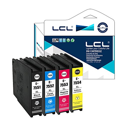 LCL(TM) T7551 T7541 T7561 T7552 T7562 T7553 T7563 T7554 T7564 (4-Pack,Noir/Cyan/Magenta/Jaune) Cartouche d'encre Compatible pour Epson Workforce Pro WF-8090DW/8090DWF/8510DWF/8010DW