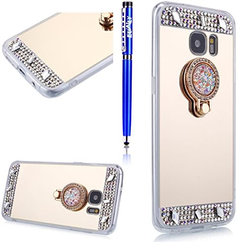 EUWLY Samsung Galaxy Note 5 Case,Samsung Galaxy Note 5 Silicone Case,Morror Back Case for Samsung Galaxy Note 5,Luxury Crystal Rhinestone Soft Gel TPU Rubber Bumper Mirror Case Bling Glitter Diamond Sparkle Makeup Mirror Back Cover with Built-in Rotation Grip Ring Kickstand for Samsung Galaxy Note 5 - Gold