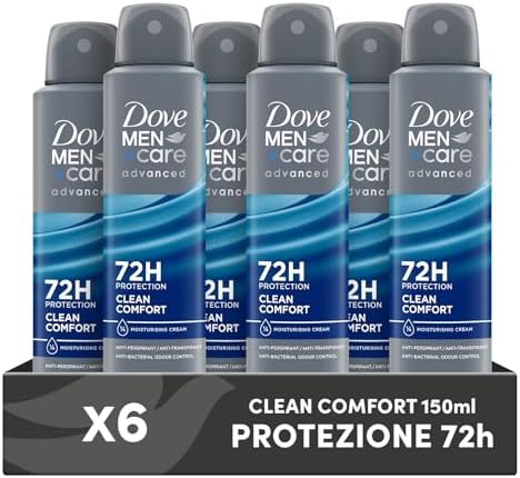 Dove Deodorante Dove Men + Care Clean Comfort Spray Advanced Care, Deodorante Uomo, con 1/4 Crema Idratante, Formula Idratante e Delicata sulla Pelle, Protezione Fino a 72 Ore, 6 Pezzi da 150 ml