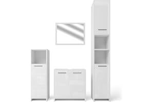 ‎VICCO Vicco Badmöbel-Set Weiß Hochglanz/Weiß Kiko, bestehend aus Badspiegelschrank, Waschbeckenunterschrank, Midischrank, Hochschrank - Platz für Pflege- und Badutensilien