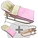 Produktbild BambiniWelt24 BAMBINIWELT Kombi-Angebot Holz-Schlitten mit Rückenlehne & Zugseil + universaler Winterfußsack (108cm), auch geeignet für Babyschale, Kinderwagen, Buggy, aus Wolle Uni rosa