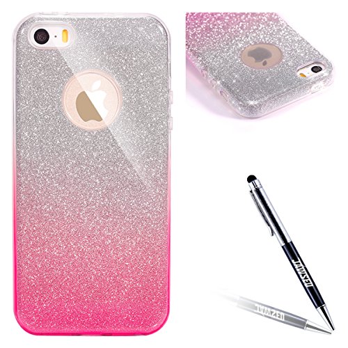 iPhone 5S Coque,iPhone SE Étui en Silicone,JAWSEU Brillant Bling Sparkle 3 en 1 Flex Soft Tpu Couverture Etui Housse de protection pour iPhone 5/5S/SE,Ultra Mince Scintillant Pailletee Glitter Changement Progressif Design Flexible Souple en Caoutchouc Bumper Anti Poussiere Shock Absorption protecteur Shell Coque Coquille+1*Noir Stylo Paillettes-rose