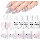 ✔StartDas Starter-Set enthält alles, was Sie als Neuling zum Eintauchen von Nagelpulver benötigen, darunter 5 Gläser mit farbigem Pulver: Clear + White + Barely Pink + Cradle Pink + Silber (28 g / 30 ml pro Glas) und eine Flasche Basisgel (Gel) Aktivator, Top Gel und Brush Saver.