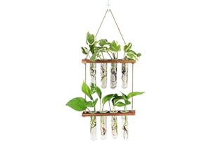 Unnosin Wall Hanging Planter, 2 Tiered Plant Propagation Stations Plant Terrarium with Wooden Stand, Glass Planter Test Tube Vase for Propagating Hydroponic Plants Home Garden Decor 8 Bulb Vase, Green