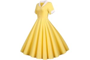 VAGBALENA Vestido Vintage de Manga Corta con Cuello en V para Mujer de los años 50 Vestidos de Manga Larga Vestidos Elegantes de Verano para Mujer Vestidos de cóctel Vintage