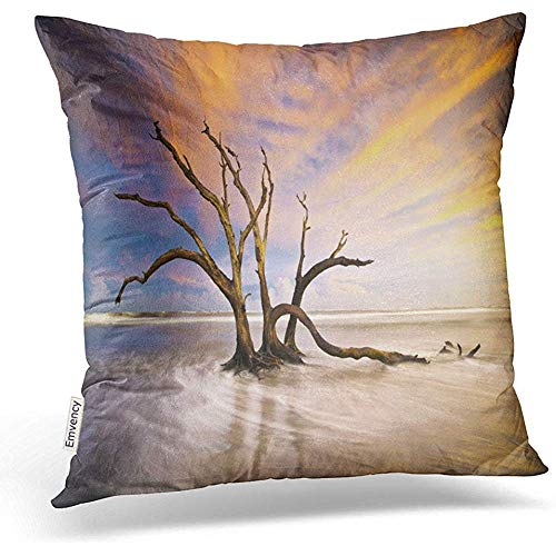 JESSA 2PCS 18"X18" Fundas de Almohada Folly Beach Dead Tree Driftwood Ocean Sunset Charleston SC Paisaje Poliéster Cuadrado Cremallera Oculta