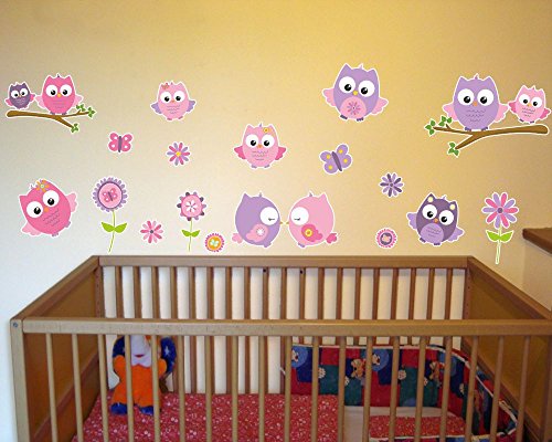 19-teiliges Pinke Baby Eulen auf Ast Wandtattoo Set Kinderzimmer Babyzimmer in 4 Größen (2x16x26cm mehrfarbig) - 2