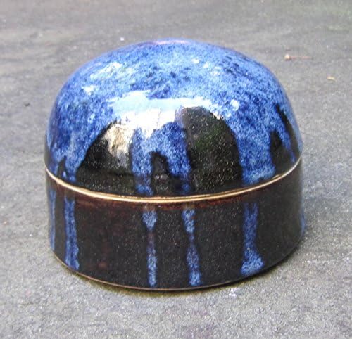 Butter dish; Jewellery container; Lidded pot with black and blue glaze; Cufflinks container; Chocolates dish; Pate dish; House warming gift; Container with shiny black and blue glazes