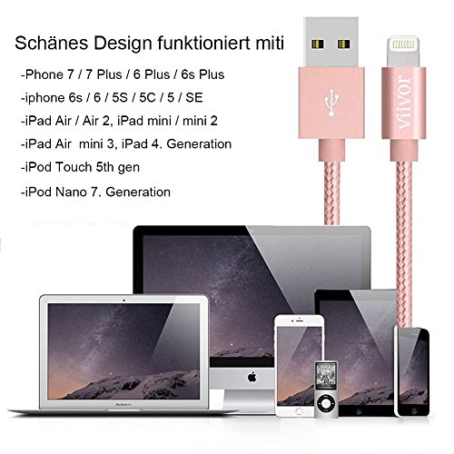 iPhone Ladekabel,ViiVor 3Pack 1M 2M 3M Nylon iphone Lightning Kabel USB Kabel für Apple iPhone 7/7Plus/5/iPhone6/iPhone SE/6/6Plus/6s/6s Plus/5/5 /5s,iPad Pro Air Air 2 mini2 mini3 4th Gen, iPod Nano 7th Gen (3PACK 1M 2M 3M) - 6