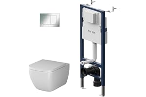 AM.PM - Complete Set - Front-Wall Element II12709 Prime Fit incl. Square Flush Plate Chrome + Wall-Mounted Toilet Gem Rimless + Toilet Seat with Soft-Close Mechanism