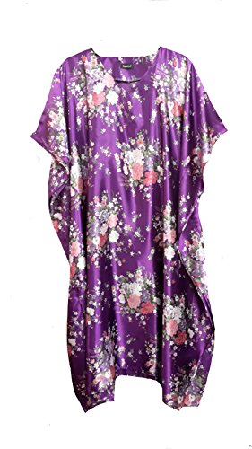 Ladies Lavender Oriental Floral Printed Silky Soft Satin Long Kaftan (UK size 10 - 32)