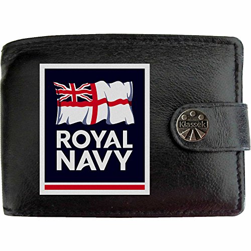 KlassekRoyal Navy Logo Image Men Wallet Real Leather Cap Badge Emblem Military Crest Insignia RFID Blocking with Coin Pocket and Metal Gift Box