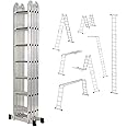 QXRSOP 26FT Folding Step Ladder Multi-Purpose Aluminium Extension Ladder 7 in 1 Heavy Duty Combination Step Ladder Max Load 330 LBS with Safety Locking Hinge Anti-Skid Texture 4x7 Step 8 Meters(8m)