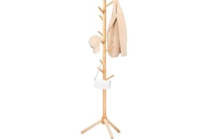 Relquorax Perchero de madera de haya, perchero, perchero, perchero en forma de árbol con 9 ganchos, 3 ajustes de altura, soporte independiente para ropa, sombreros, bufandas (color natural)