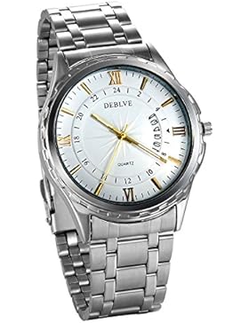 JewelryWe Herren Armbanduhr, Luxus Elegant Analog Quarz Business Casual Silber Edelstahl Armband Uhr mit 24H Weiß...