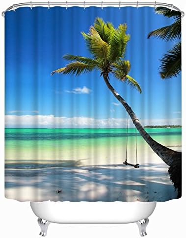Shower Curtain , COFIVE Premium Bathroom Polyester Waterproof Curtain with 12 Ring Hooks ,3D Printing ,Mouldproof Opacity, Non-Toxic, Non-Smelling, No-Hardening in Winter , Easy to Install &amp;Clean ,180x180cm (Coconut Tree)