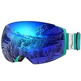 Skibrille Pro für Damen und Herren, Outdoormaster Snowboardbrille Verspiegelt, helmkompatible Schneebrille mit OTG UV400 Schutz, rahmenlosen Ski Goggles mit Austauschbar Sphärische Doppelte Linse - perfect für Skifahren, Skaten, Snowboarden ( Blaugrüner Rahmen VLT 15% blaue Linse mit freie Schutzhülle )