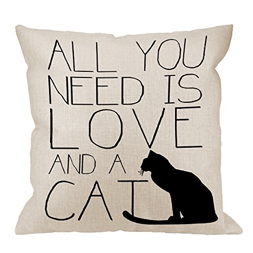 HGOD DESIGNS Cat Throw Pillow Cover,All You Need is Love and A Cat Lover Quote Cotton Linen Square Cushion Cover Standard Pillowcase Home Decorative Sofa Armchair Bedroom Livingroom 18 x 18 inch