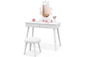 RELAX4LIFE Toeletta Trucco per Bambina con 7 Lampadine LED, 3 Colori di Luci, Specchiera Trucco con Sgabello, Toeletta in Legno, Specchio Rimovibile, per Bambini 3-7 Anni (Bianco)