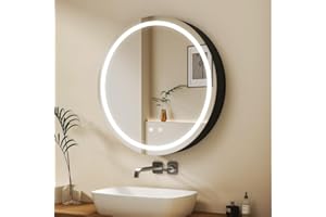 ‎WDWRITTI WDWRITTI Rundes Spiegelschrank 60x60cm mit Beleuchtung Spiegel, LED Beleuchtung Badschrank mit 3 Farbtemperaturen, Medizinschrank Badezimmerschrank mit Touch, Beschlagfrei und Ablagen