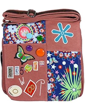 Umhängetasche Canvas Style mit aufgenähten Patches, Buttons und floralem Muster - Maße 25 x 25 cm - Damen Mädchen...