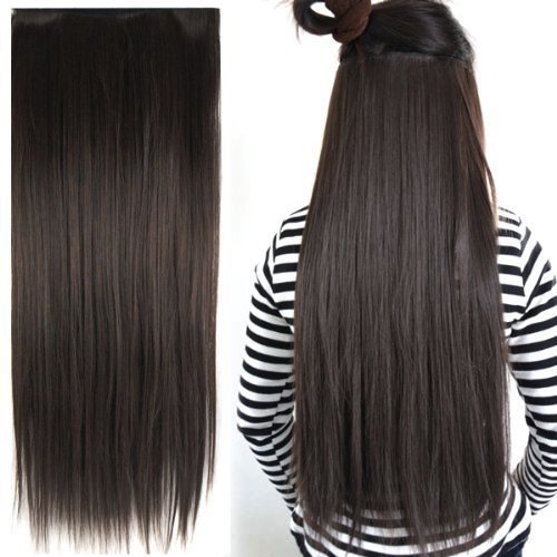 Gleader Clip in on hair Straight Tail extensions New human heat resistant fibe - Dark Brown (60cm)