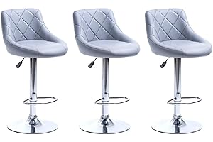 "Millies Design" Set of 3 matching MADRID Bar Stools Set with Backrest, Leatherette Exterior, Adjustable Swivel Gas Lift, Chrome Footrest and Base for Breakfast Bar, PACK OF 3 ! (GREY)