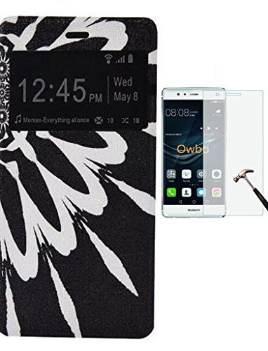 Preisvergleich Produktbild Huawei P9 Lite(2016) Flip Case mit Panzerglas,Original Flip Bookstyle Cover PU Wasserdicht Shockproof Anti Slip Protection Leather Case mit View Window,Nettes Muster Pattern Etui Karten Slot Schutzhülle Ständer Wallet Case mit Standfunktion für Huawei P9 Lite(2016) 5.2Zoll-[blume schwarz ] +Panzerglas / Schutzfolie / Displayschutzfolie