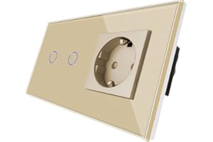 CNBINGO Touch Lichtschalter mit Schuko Steckdose unterputz - Wandschalter zweifach in Gold - Berührungsschalter mit Glasrahmen und Status-LED - 500W/Fach