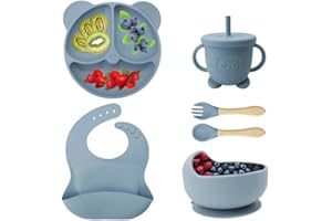 Eliano 6-Piece Silicone Baby Tableware Set - BPA-Free - Non-Slip Plate & Bowl, Bib, Drinking Cup with Straw & Cutlery - Baby LED Weaning Set (Blue)