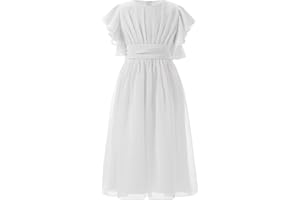 Aibaowedding Abito lungo da bambina in chiffon con cintura e maniche corte a farfalla/vintage chic linea A, per comunione o damigella d'onore